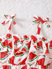 2pcs Girls Ruffle Spaghetti Strap Bodysuit Set - Scarlet