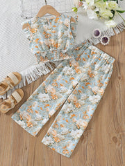 2pcs Little Girls Floral Ruffle Crop Top & Wide-Leg Pants Set - Pow...