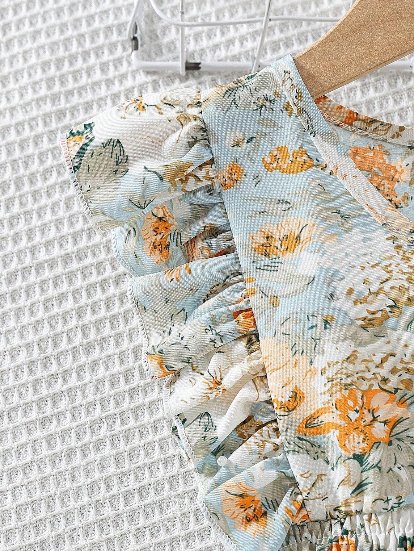 2pcs Little Girls Floral Ruffle Crop Top & Wide-Leg Pants Set - Pow...