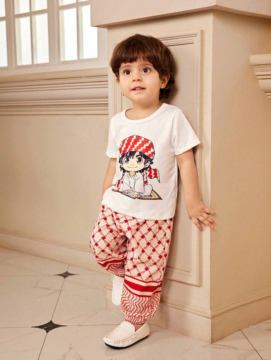 3pcs Boys Anime Print Tee, Wide-Leg Pants & Cap Set - Isabelline | ...