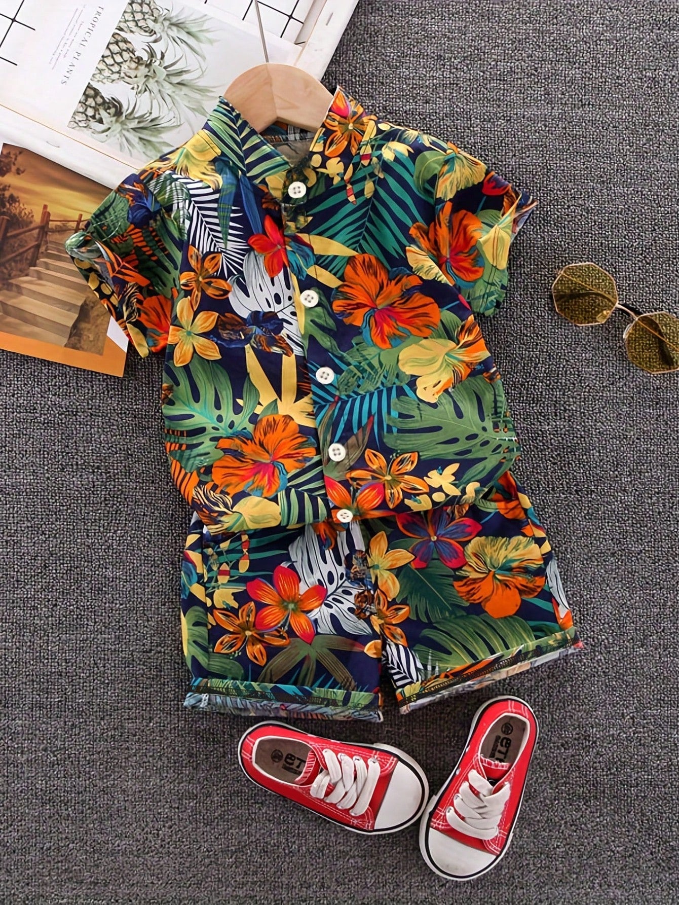 Boys Tropical Floral All-Over Print Resort Shirt Set - Midnight