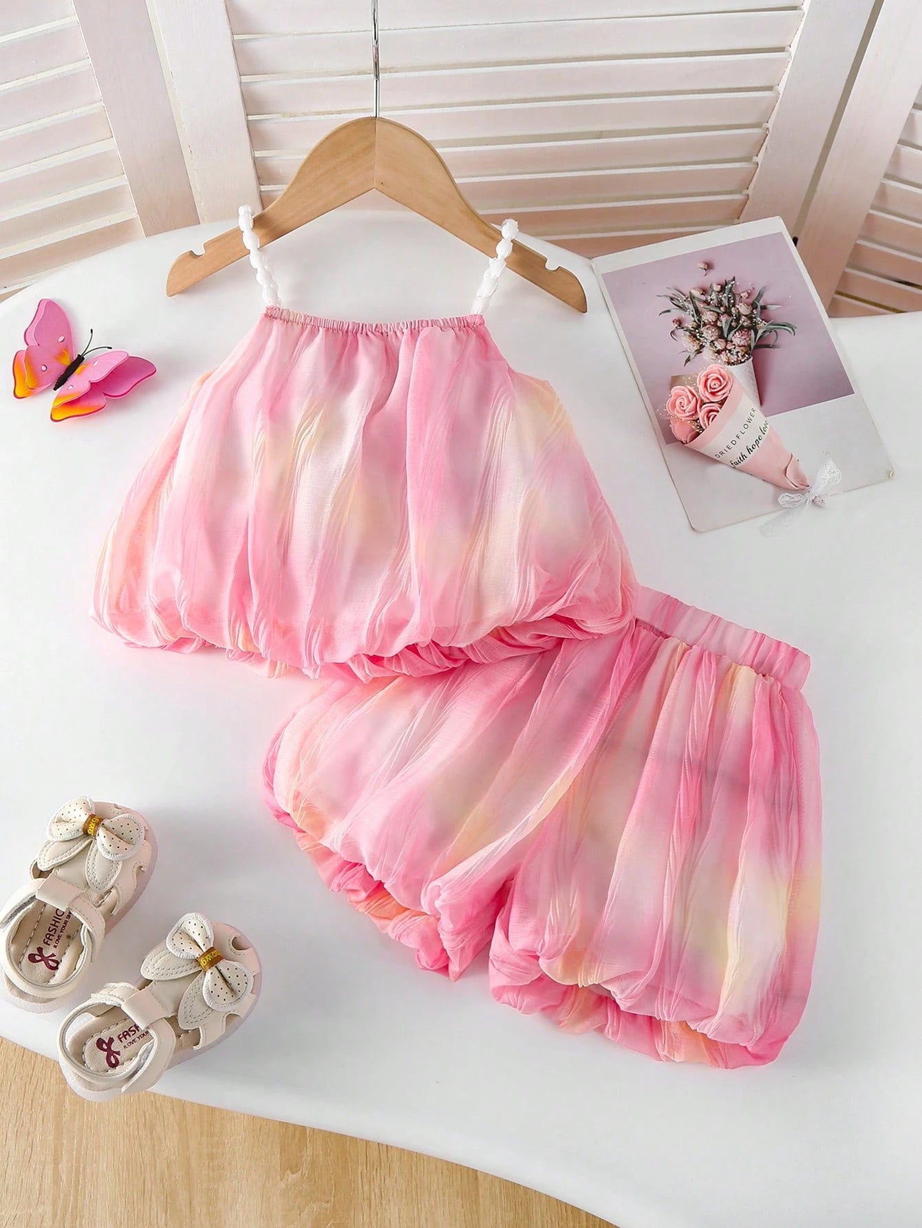 2pcs Girls Tie-Dye Spaghetti Strap Top & Shorts Set - Blush
