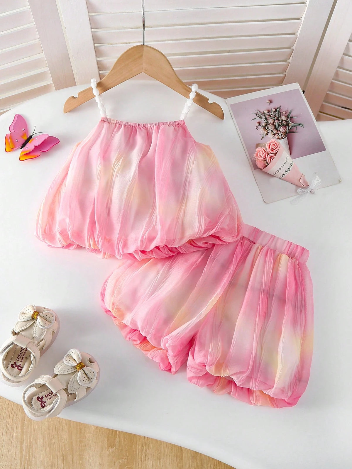 2pcs Girls Tie-Dye Spaghetti Strap Top & Shorts Set - Blush