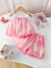 2pcs Girls Tie-Dye Spaghetti Strap Top & Shorts Set - Blush