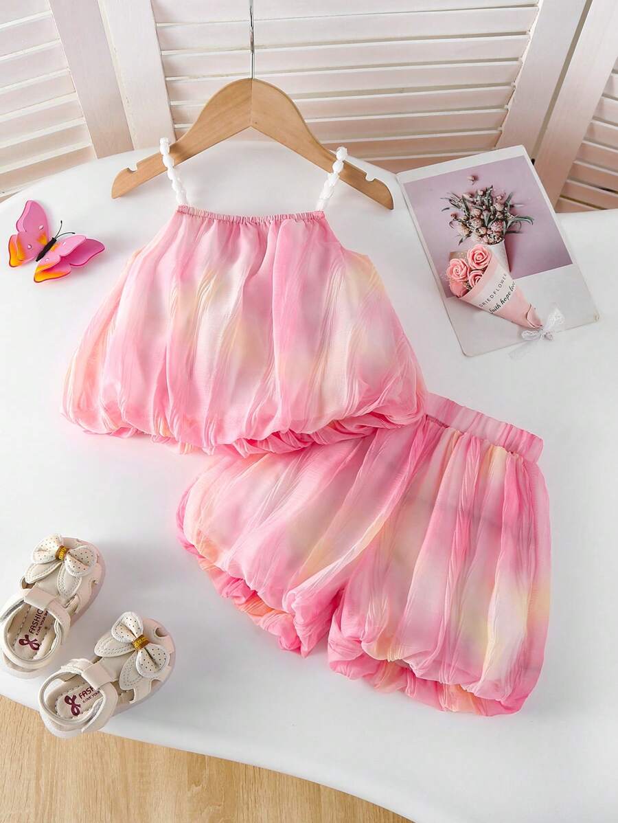 2pcs Girls Tie-Dye Spaghetti Strap Top & Shorts Set - Blush