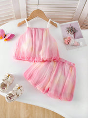 2pcs Girls Tie-Dye Spaghetti Strap Top & Shorts Set - Blush