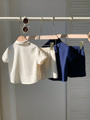 4pcs Boys Polo Collar Knit Shirt & Shorts Set - Ivory