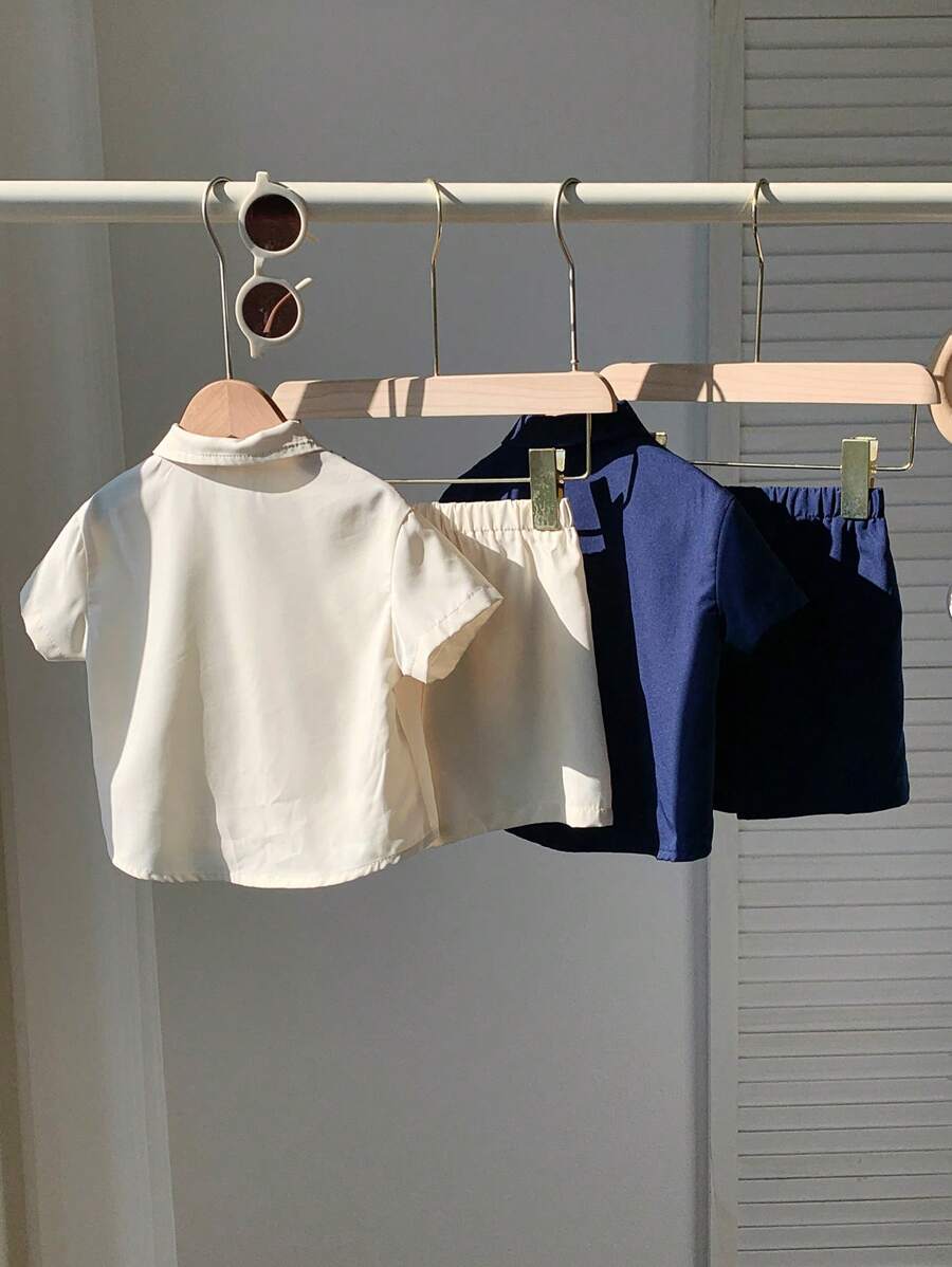 4pcs Boys Polo Collar Knit Shirt & Shorts Set - Ivory