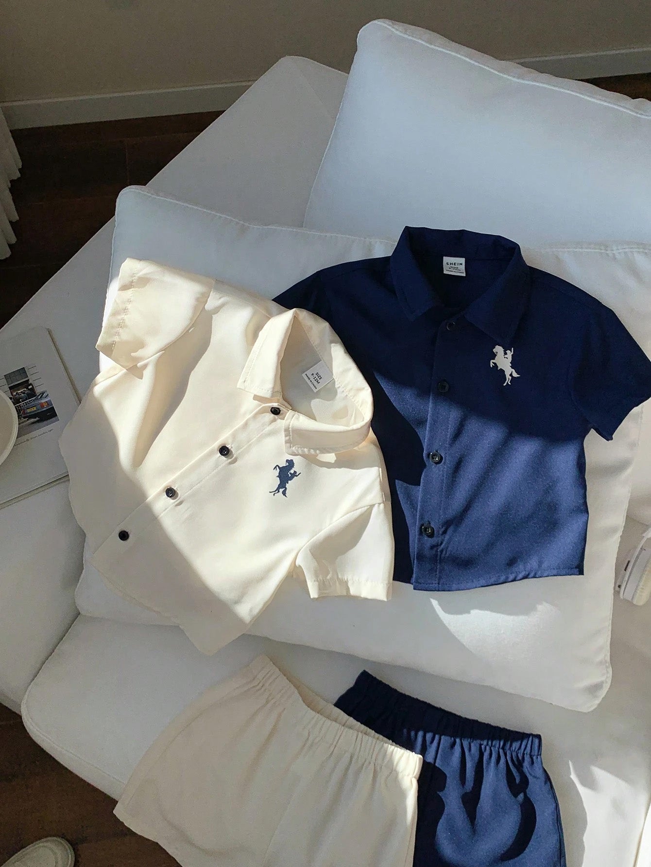4pcs Boys Polo Collar Knit Shirt & Shorts Set - Ivory