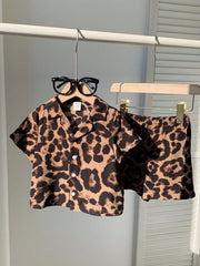 2pcs Boys Leopard Print Resort Collar Shirt & Shorts Set - Amber
