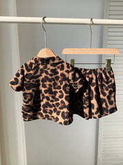 2pcs Boys Leopard Print Resort Collar Shirt & Shorts Set - Amber