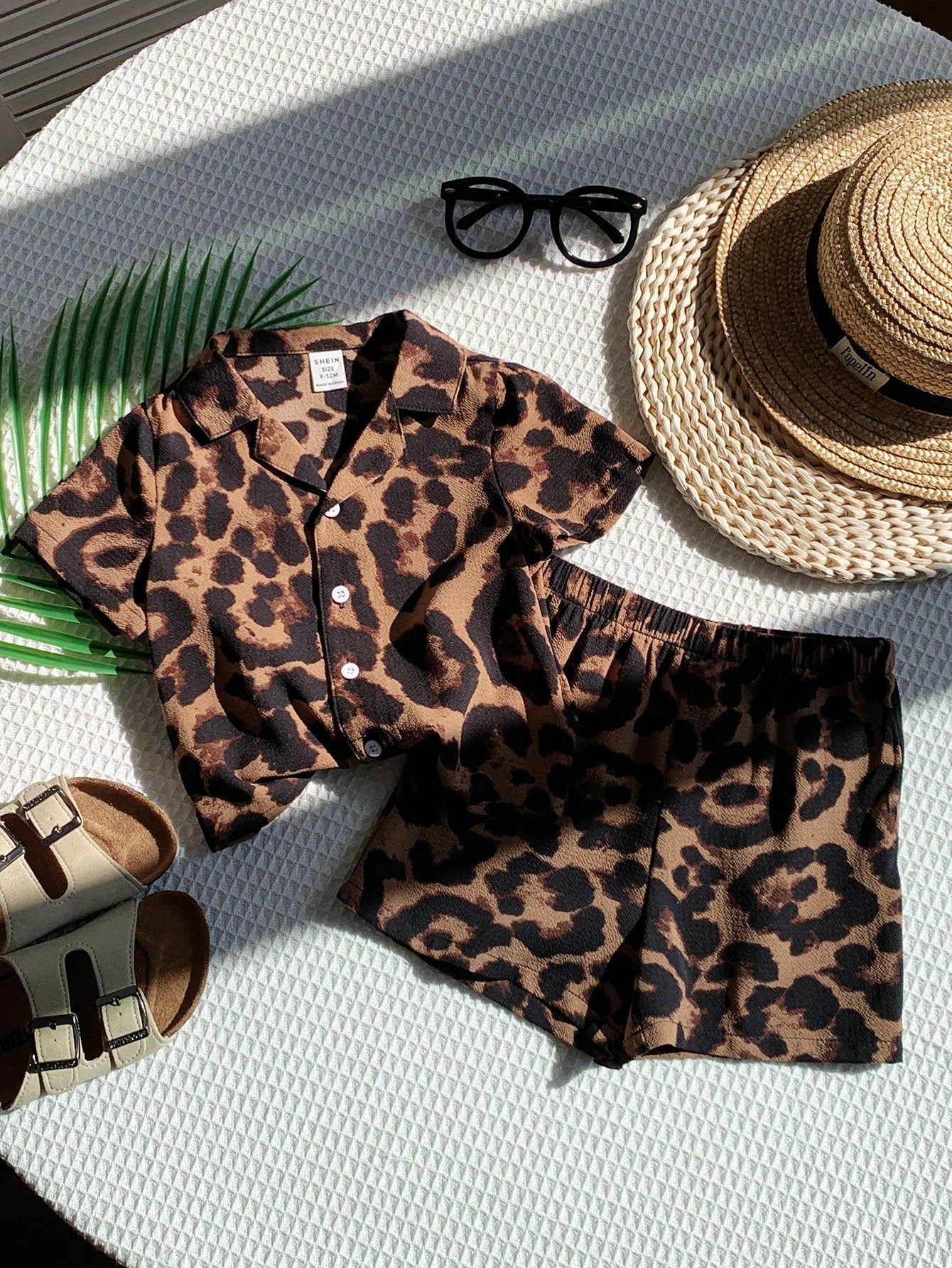 2pcs Boys Leopard Print Resort Collar Shirt & Shorts Set - Amber
