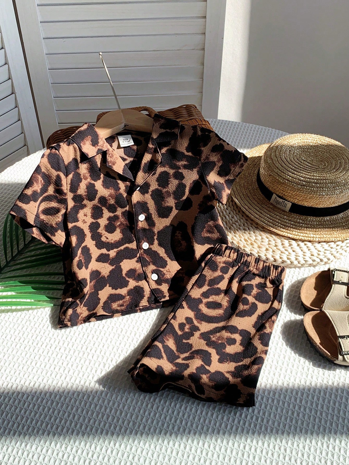 2pcs Boys Leopard Print Resort Collar Shirt & Shorts Set - Amber