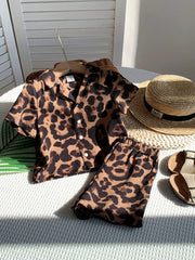2pcs Boys Leopard Print Resort Collar Shirt & Shorts Set - Amber