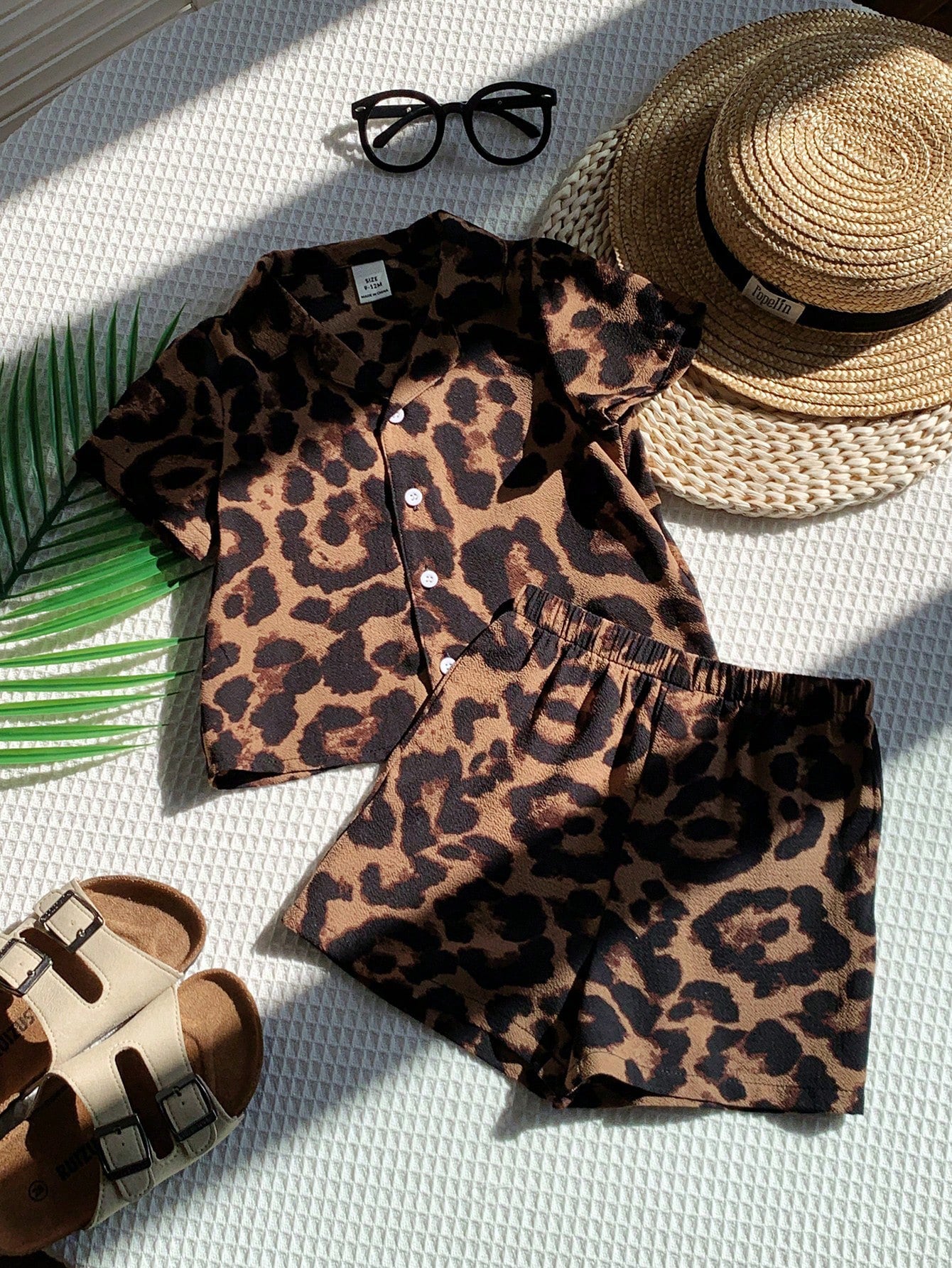 2pcs Boys Leopard Print Resort Collar Shirt & Shorts Set - Amber