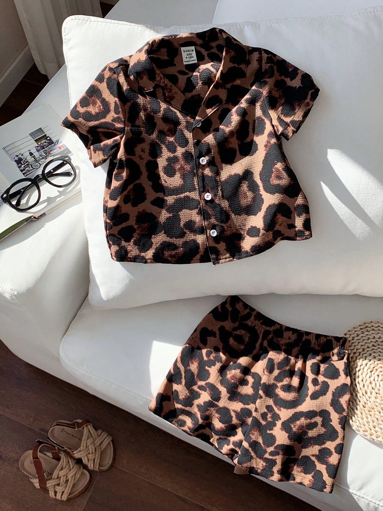 2pcs Boys Leopard Print Resort Collar Shirt & Shorts Set - Amber