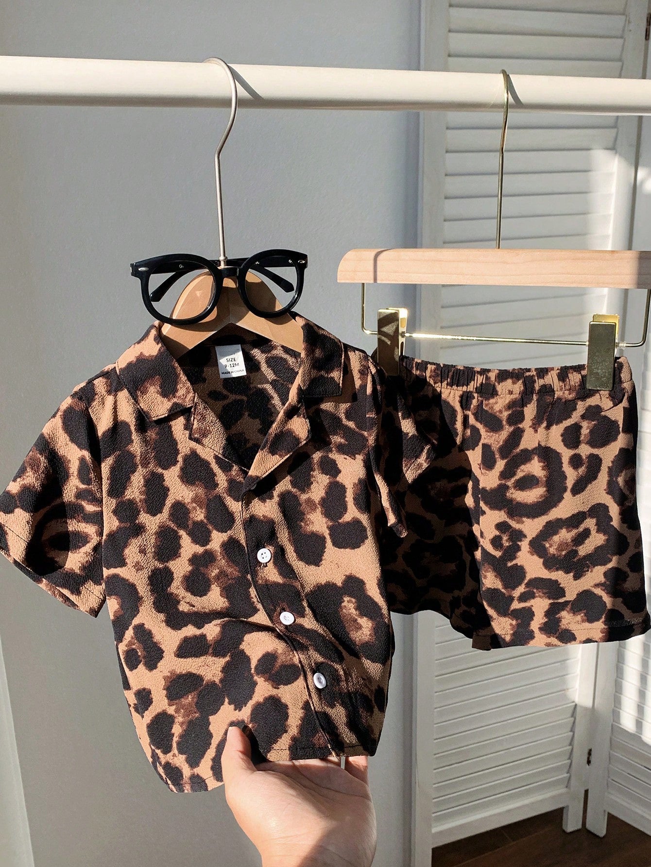 2pcs Boys Leopard Print Resort Collar Shirt & Shorts Set - Amber