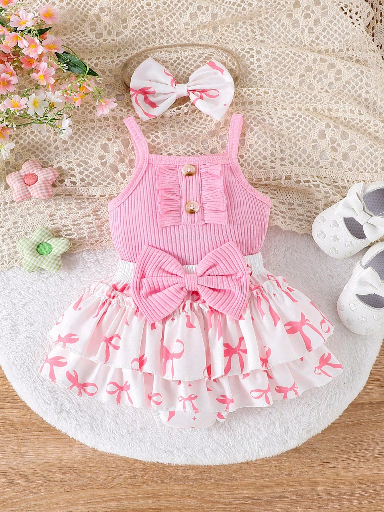 2pcs Baby Girls Ribbed Ruffle Bodysuit & Bow Skirt Set - Rose | 21 ...
