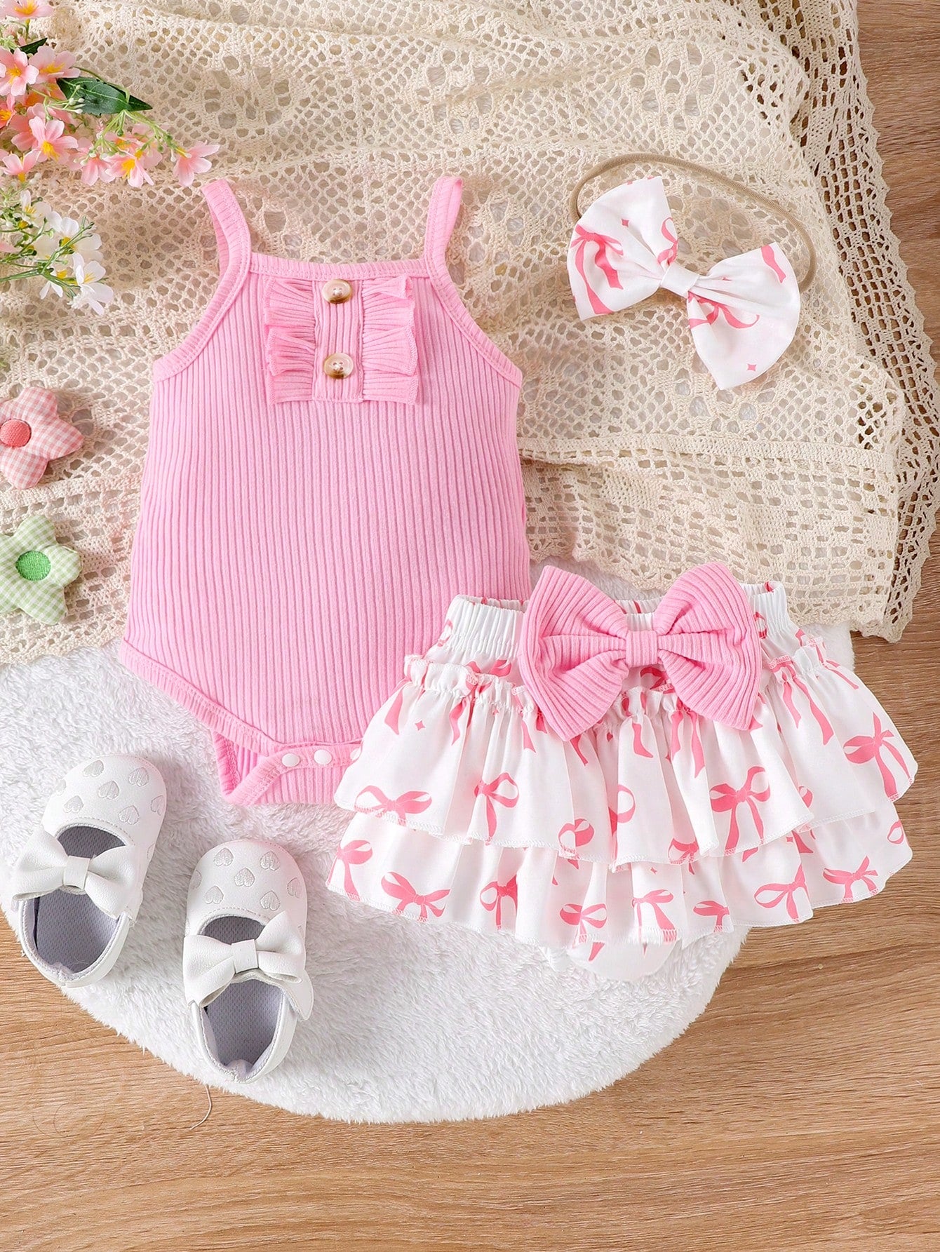 2pcs Baby Girls Ribbed Ruffle Bodysuit & Bow Skirt Set - Rose | 21 ...