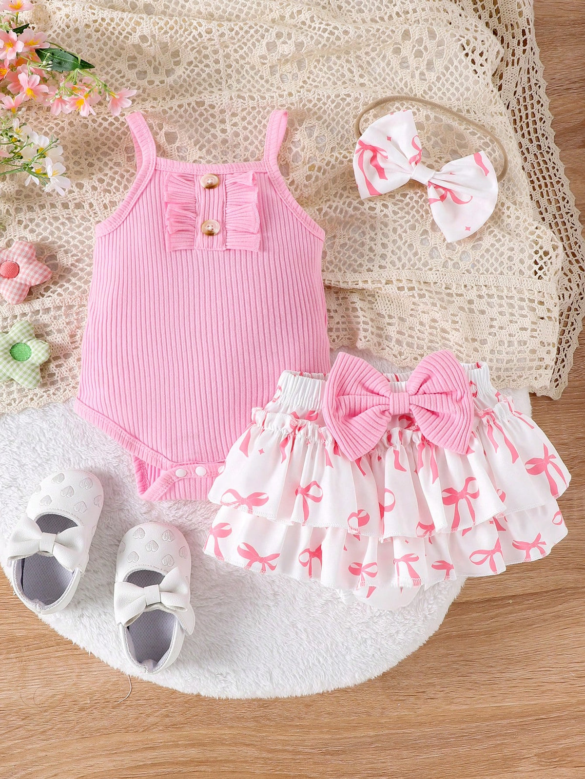 2pcs Baby Girls Ribbed Ruffle Bodysuit & Bow Skirt Set - Rose | 21 ...