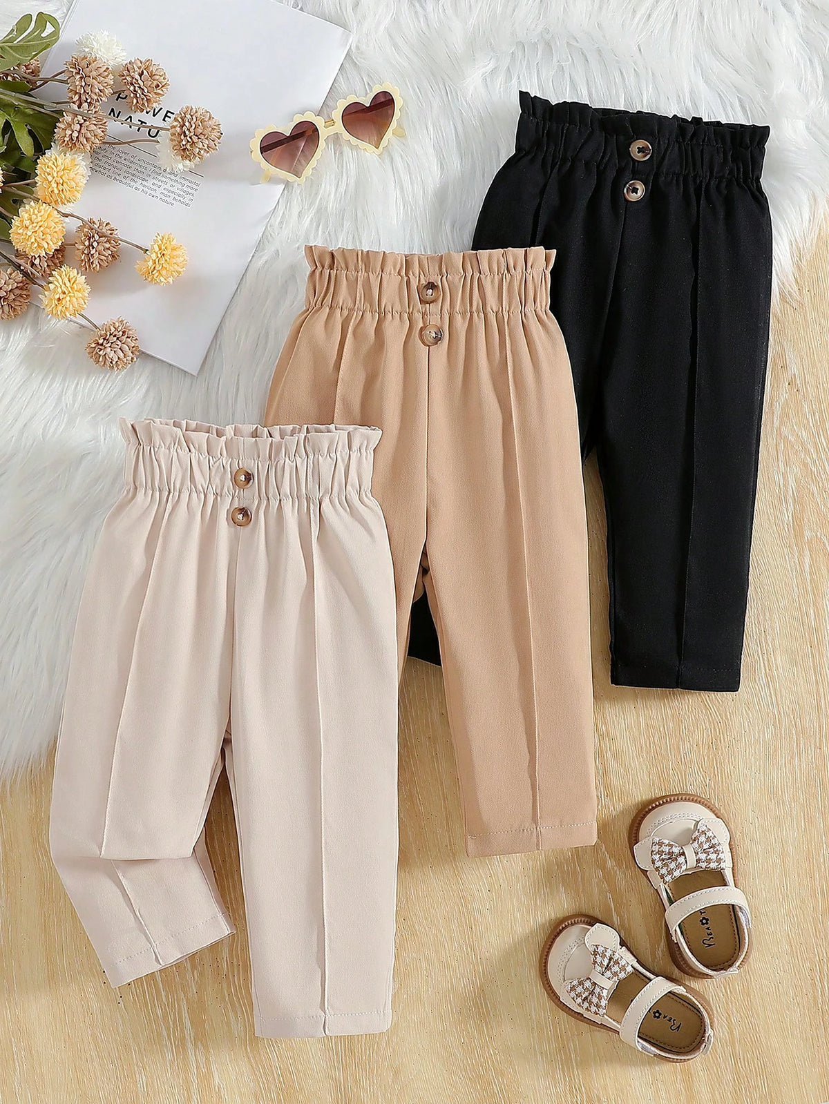 3pcs Girls Paper-Bag Waist Tapered Trousers Set - Blush | 21 Centur...