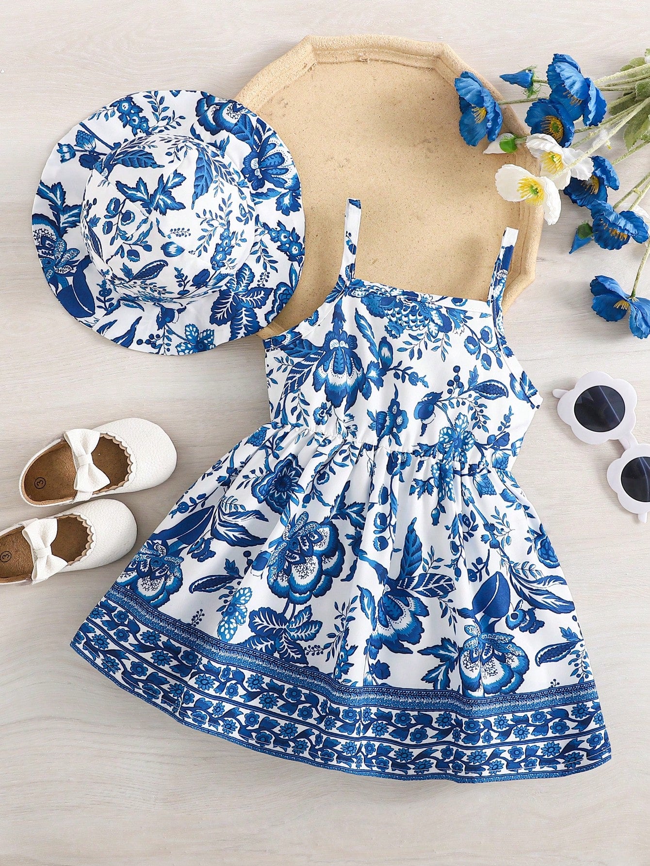 2pcs Girls Floral Spaghetti Strap Dress & Hat Set - Ivory
