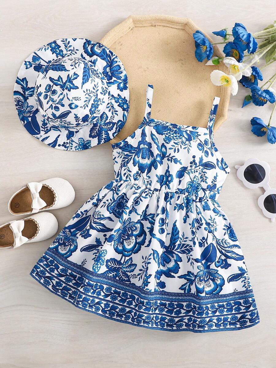 2pcs Girls Floral Spaghetti Strap Dress & Hat Set - Ivory