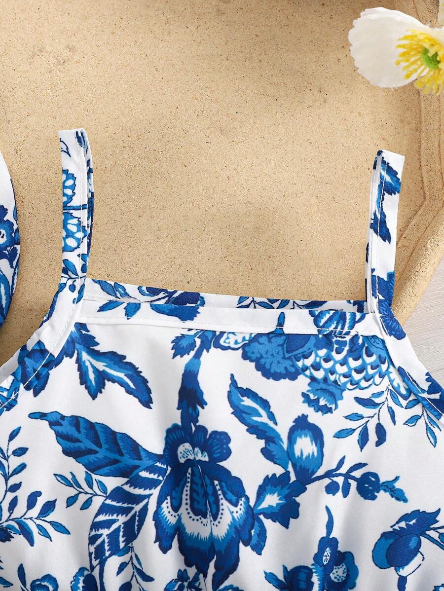 2pcs Girls Floral Spaghetti Strap Dress & Hat Set - Ivory