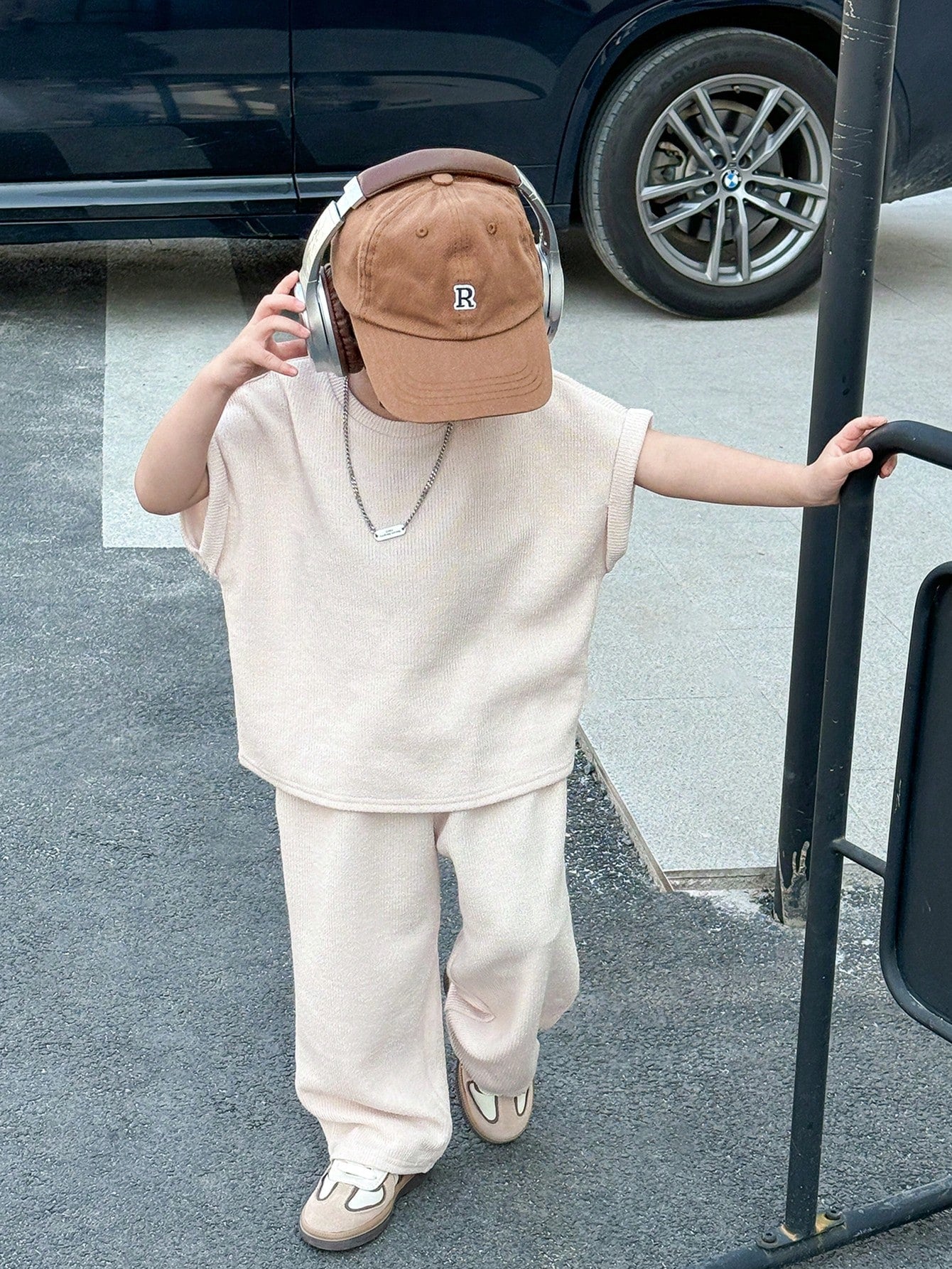 2pcs Boys Ribbed Knit Oversized Tee & Wide-Leg Pants Set - Ecru | 2...