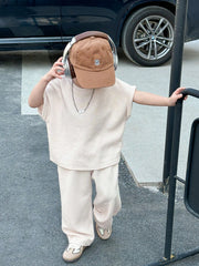 2pcs Boys Ribbed Knit Oversized Tee & Wide-Leg Pants Set - Ecru | 2...