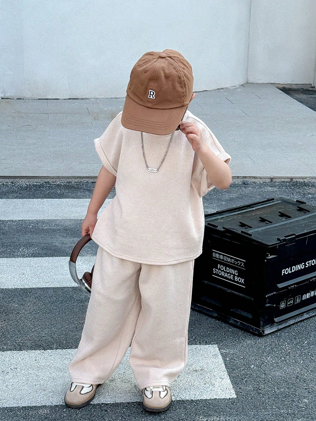 2pcs Boys Ribbed Knit Oversized Tee & Wide-Leg Pants Set - Ecru | 2...