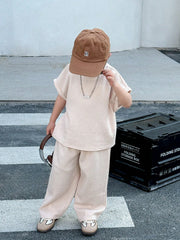 2pcs Boys Ribbed Knit Oversized Tee & Wide-Leg Pants Set - Ecru | 2...