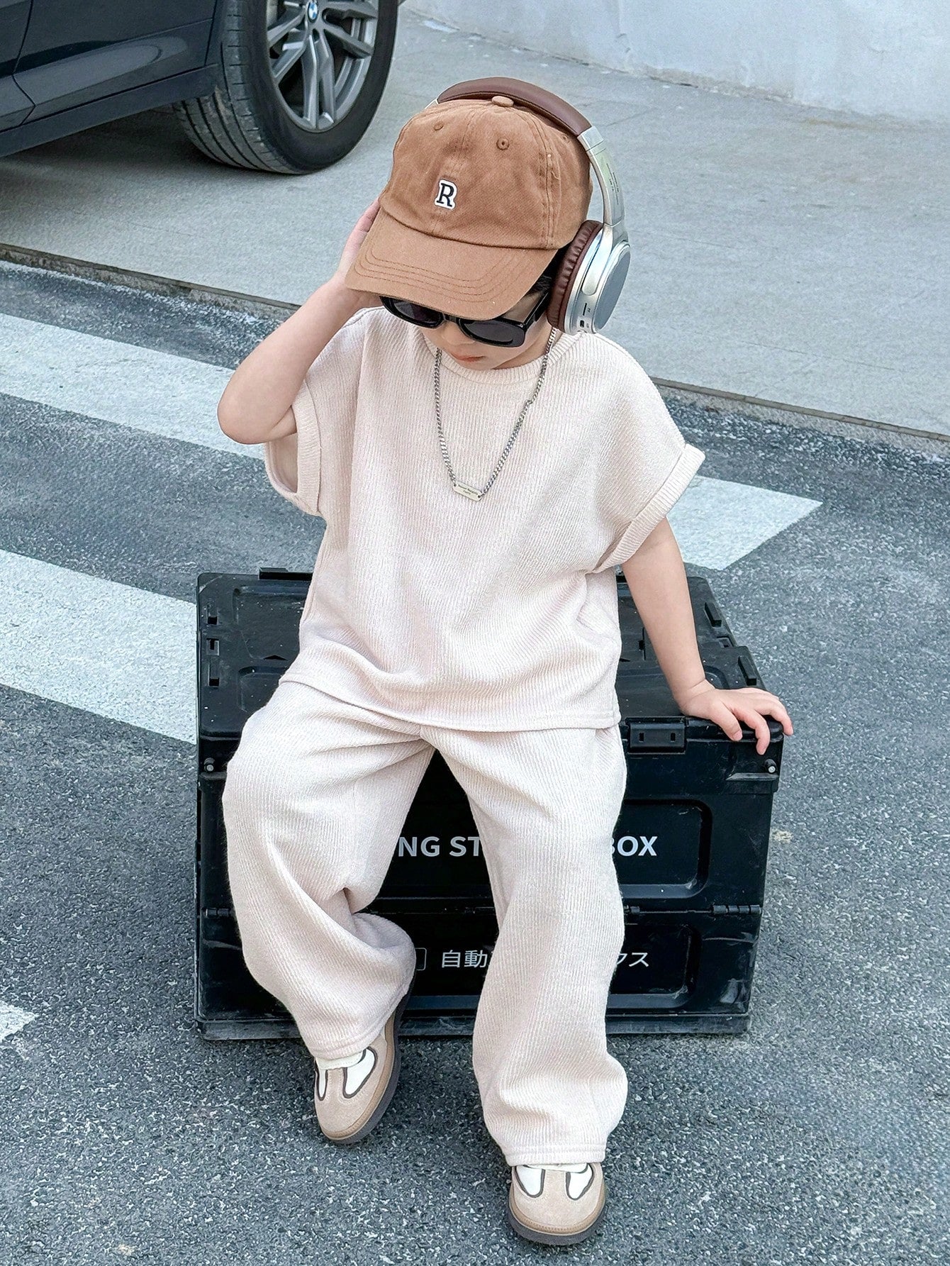 2pcs Boys Ribbed Knit Oversized Tee & Wide-Leg Pants Set - Ecru | 2...