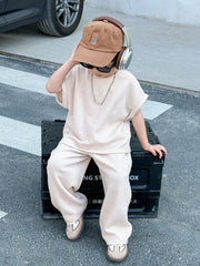 2pcs Boys Ribbed Knit Oversized Tee & Wide-Leg Pants Set - Ecru | 2...