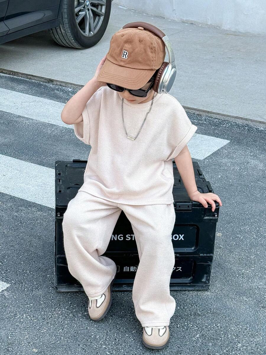 2pcs Boys Ribbed Knit Oversized Tee & Wide-Leg Pants Set - Ecru | 2...
