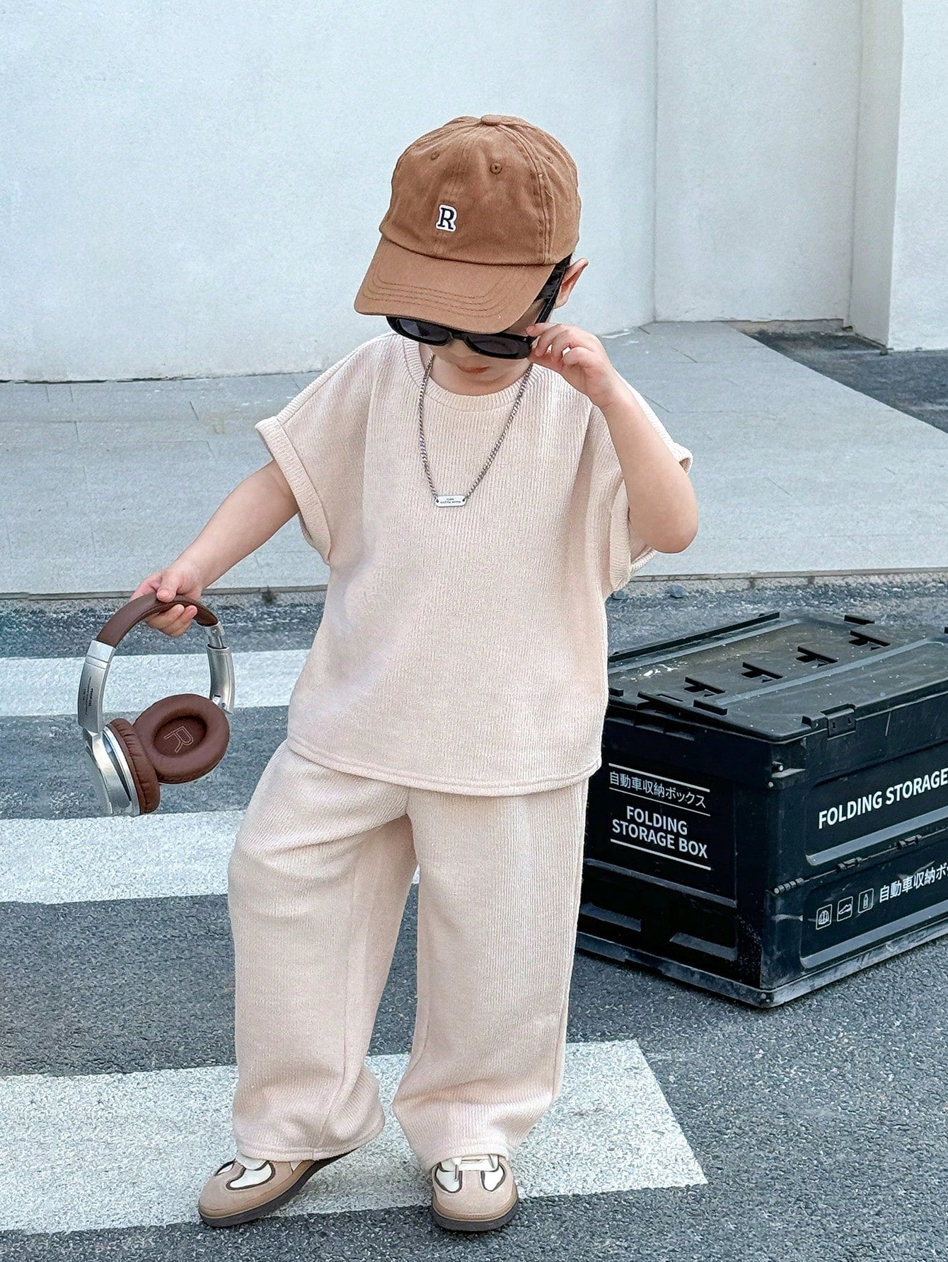2pcs Boys Ribbed Knit Oversized Tee & Wide-Leg Pants Set - Ecru | 2...