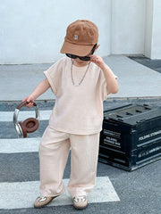 2pcs Boys Ribbed Knit Oversized Tee & Wide-Leg Pants Set - Ecru | 2...
