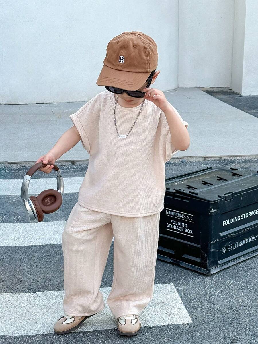 2pcs Boys Ribbed Knit Oversized Tee & Wide-Leg Pants Set - Ecru | 2...