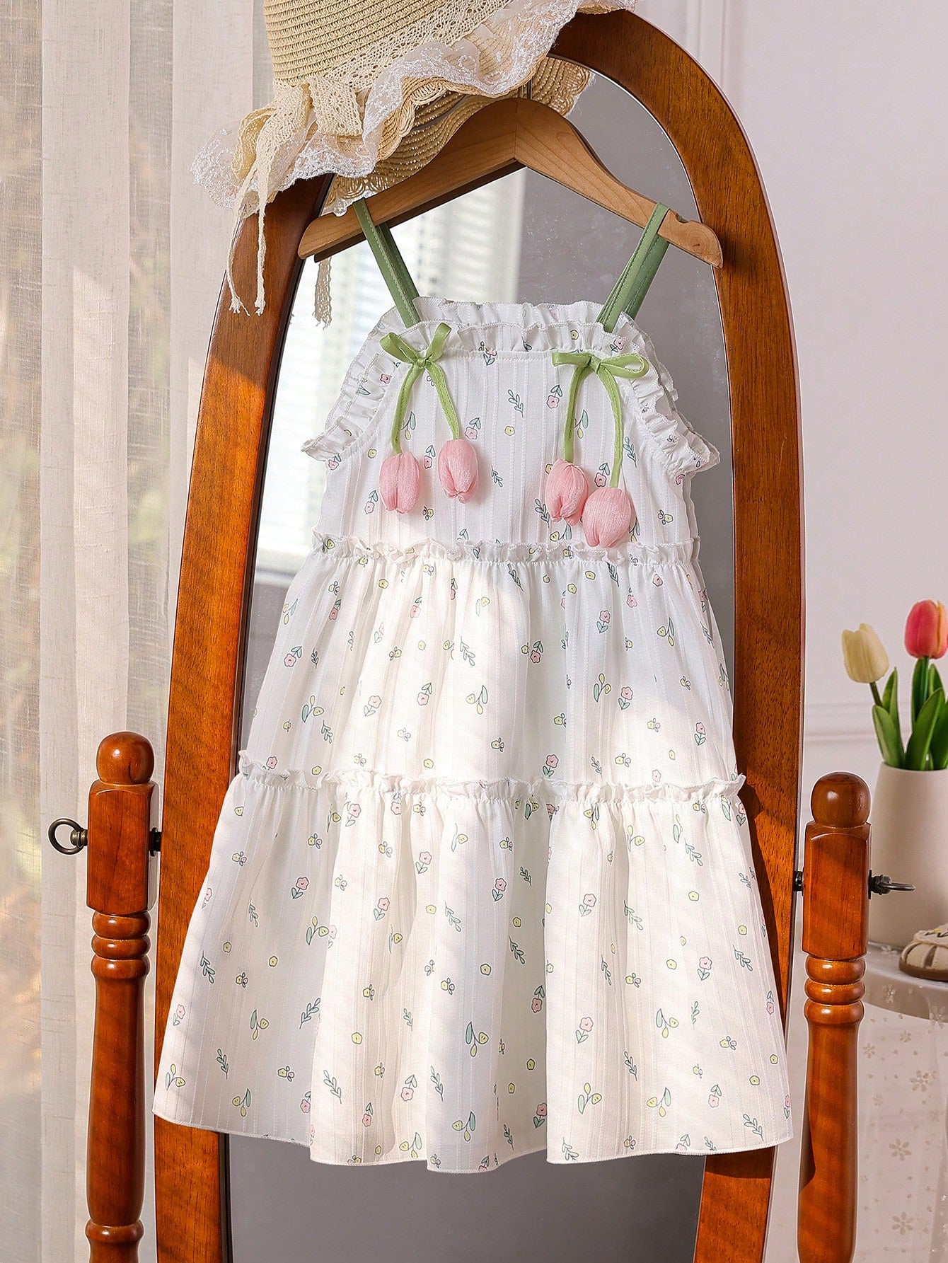 Girls Tulip Appliqué Ditsy Floral Tiered Sundress - Ivory