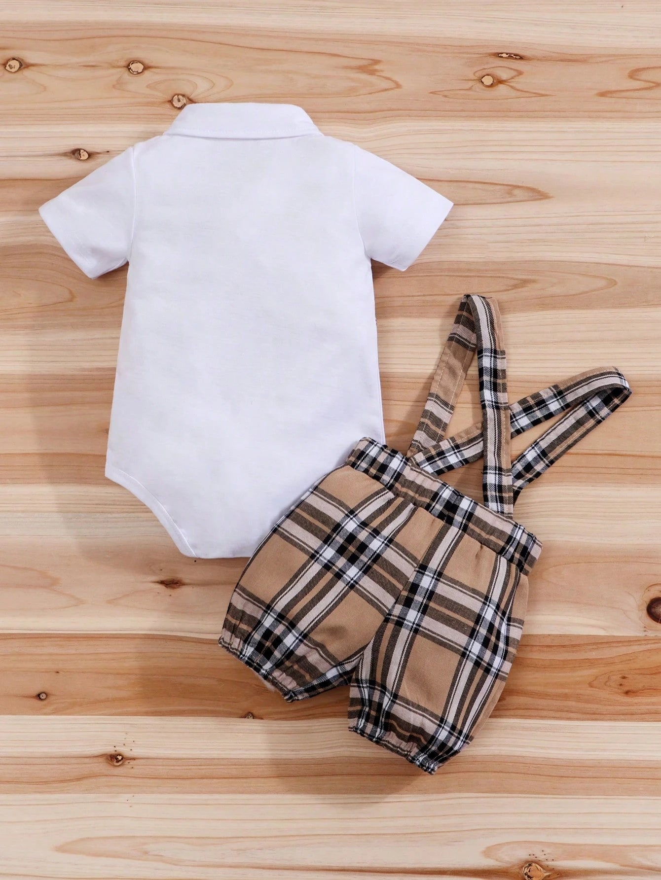2pcs Baby Boys Plaid Bear Appliqué Romper & Bib Shorts Set - Ivory ...