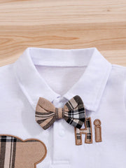 2pcs Baby Boys Plaid Bear Appliqué Romper & Bib Shorts Set - Ivory ...