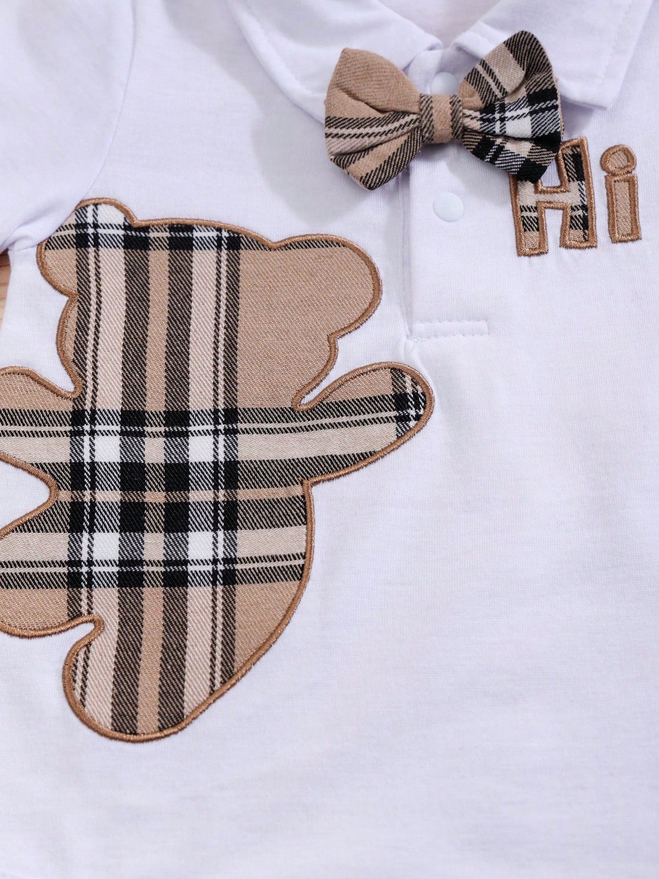 2pcs Baby Boys Plaid Bear Appliqué Romper & Bib Shorts Set - Ivory ...