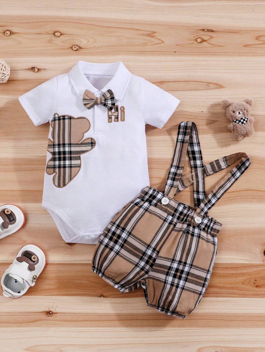 2pcs Baby Boys Plaid Bear Appliqué Romper & Bib Shorts Set - Ivory ...