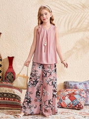 2pcs Big Girls Pleated Tank Top & Floral Wide-Leg Pants Set - Dusty...