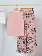 2pcs Big Girls Pleated Tank Top & Floral Wide-Leg Pants Set - Dusty...