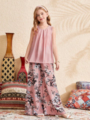 2pcs Big Girls Pleated Tank Top & Floral Wide-Leg Pants Set - Dusty...