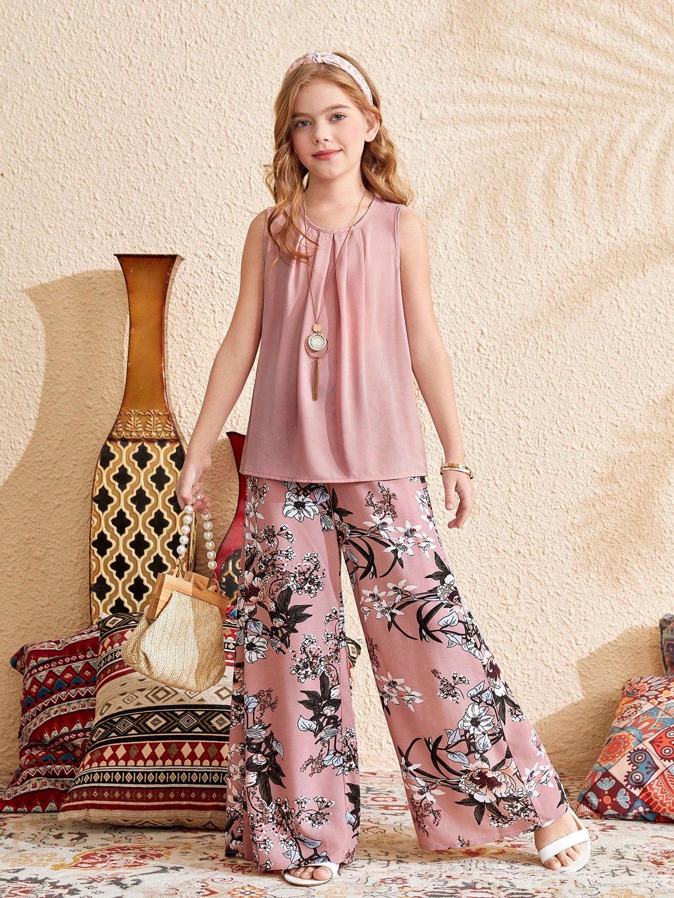 2pcs Big Girls Pleated Tank Top & Floral Wide-Leg Pants Set - Dusty...