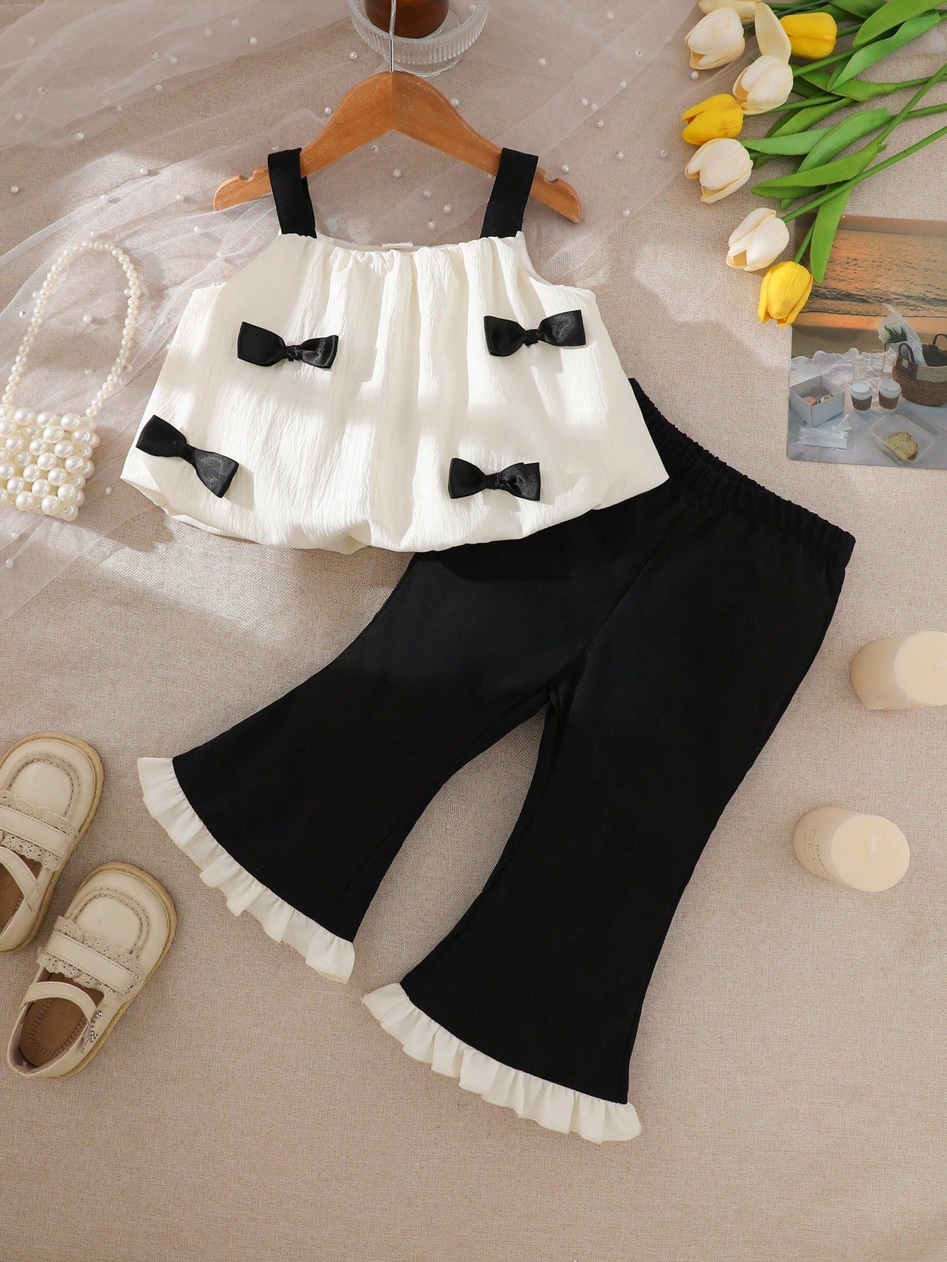 2pcs Girls Bow-Embellished Cami Top & Flare Pants Set - Ivory | 21 ...
