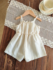 Girls Crochet Granny Square Spaghetti Strap Romper - Ecru