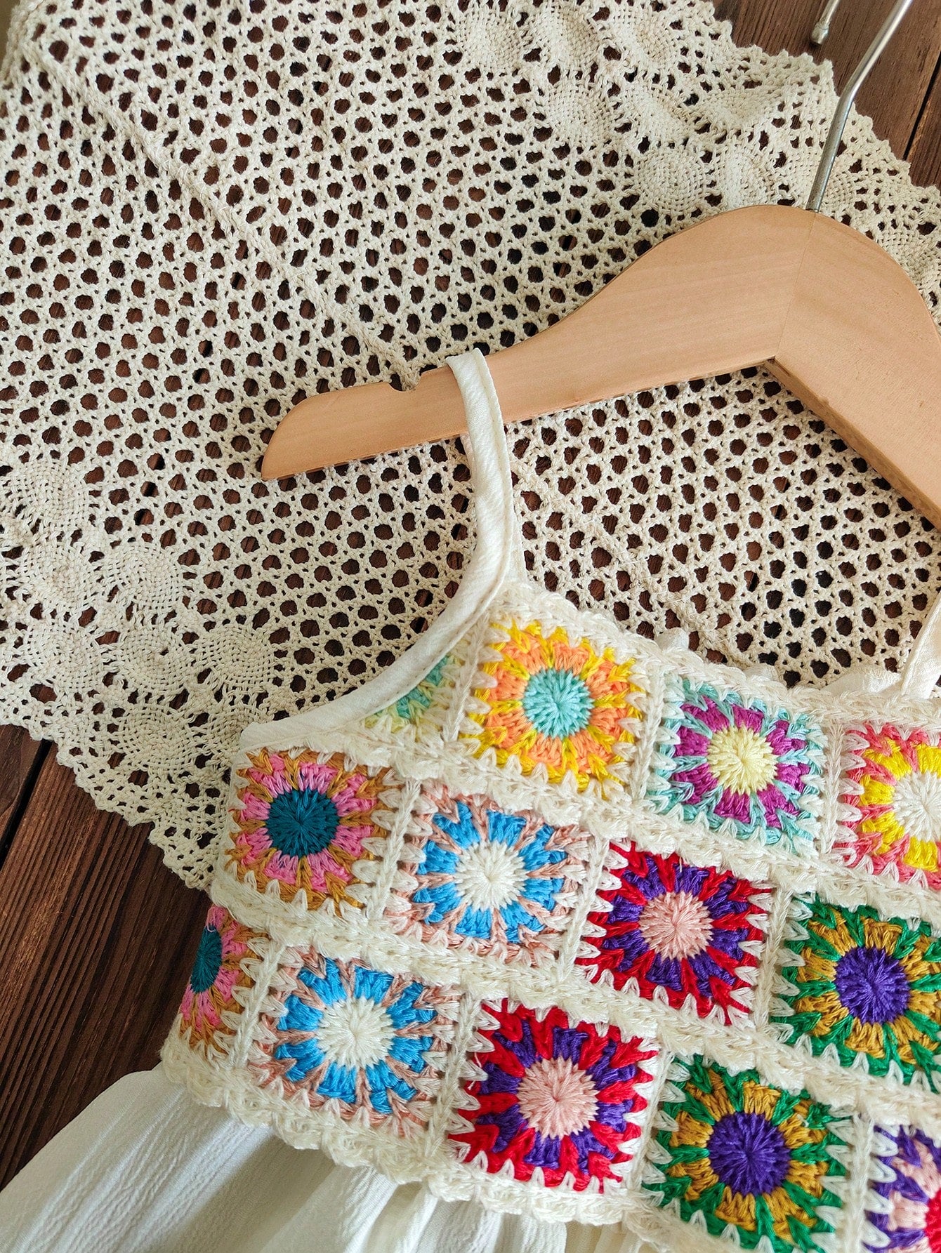 Girls Crochet Granny Square Spaghetti Strap Romper - Ecru
